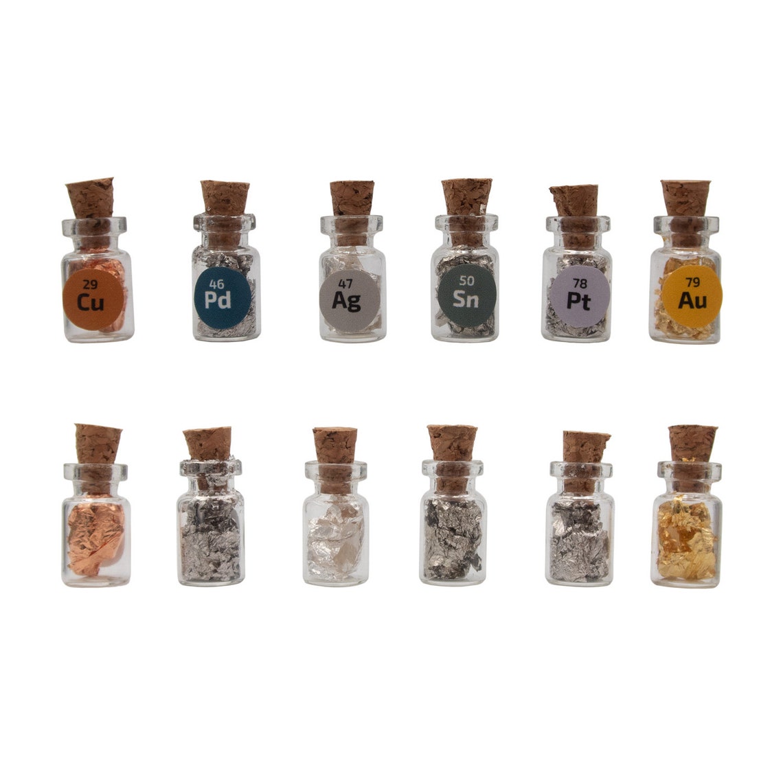 6 Miniature Cork Bottles Filled With 24K Gold,.999 Silver Copper