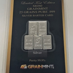 25 Grains 999 Silver Bullion genummerd Limited Edition Barter Card 5x 5 Grain Silver Bullion Card.