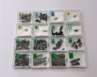 A Deluxe HANDMADE RARE EARTH Metal Set of 16 Different Elements Samples, including Five under Argon gas.