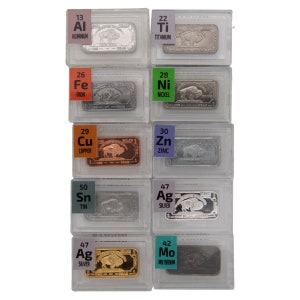 10 x 1 Gram Metal Bullion .999 Ingots in Periodic Element Tiles.Iron,Titanium,Nickel,M,Silver,Gold Plated Silver,Aluminum,Copper,Tin,Zinc