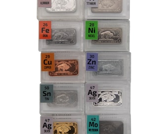 10 x 1 Gram Metal Bullion .999 Ingots in Periodic Element Tiles.Iron,Titanium,Nickel,M,Silver,Gold Plated Silver,Aluminum,Copper,Tin,Zinc