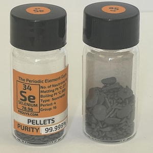 Selenium Pellets 99.999% Purity, 10 Gram in a fully labeled Glass Vial Bottle. Pure Periodic Table