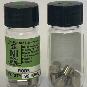 Nikkel metalen staven 99,999% zuiverheid 15 gram in onze volledig gelabelde periodieke elementflessen puur - periodiek systeem