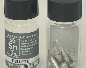 Tin Metal Pellets 99.9% Purity 10 Grams in a Fully Labeled Glass Vial/Bottle Pure - Periodic Table