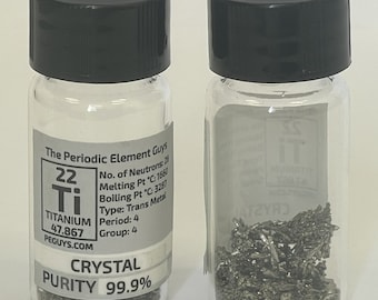 Titanium Metal Crystals 99.9% Purity 2 Grams in a fully Labelled Glass Vial/Bottle with our unique Periodic Element Label.