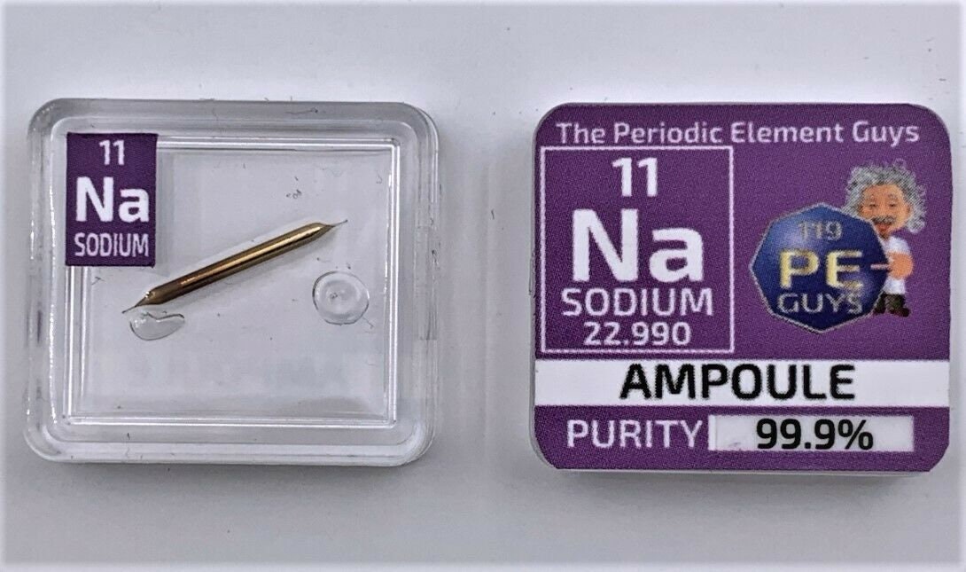 Sodium metal element 11 sample 15 mg ampoule 99,99% in a Periodic Element Tile 