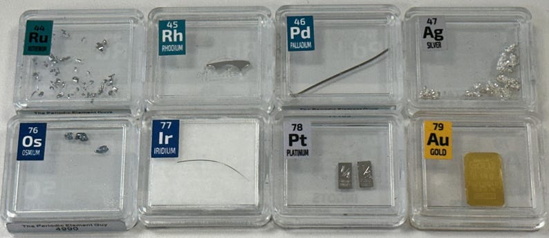 May include: A set of eight clear plastic containers, each containing a small sample of a different element. The elements are labeled with their atomic number and symbol, and their names are listed below. The elements are: Ruthenium, Rhodium, Palladium, Silver, Osmium, Iridium, Platinum, and Gold.