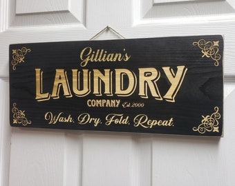 Customizable Laundry room wood door sign wash dry fold repeat