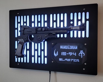black finish IB-94 Mandalorian blaster wallmount Display with LED lights and edge lit identification