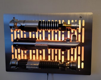 stainless finish triple Lightsaber wallmount Display stand with LED lights