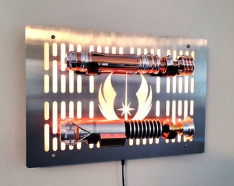 double lightsaber wallmount display with logo cutout stainless finish