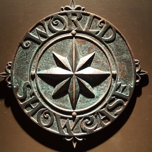 epcot world showcase trashcan Medallion prop with aged finish
