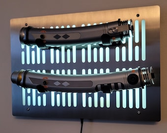 stainless finish double Lightsaber wallmount Display stand with LED lights