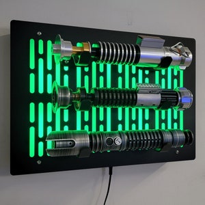 black finish triple Lightsaber wallmount Display stand with LED lights