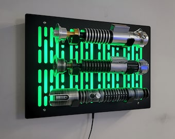 black finish triple Lightsaber wallmount Display stand with LED lights
