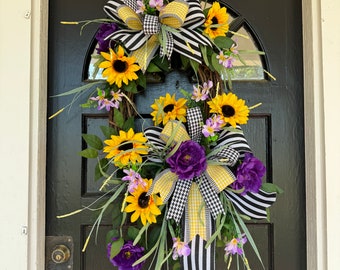 Sunflower wreath, Mother’s Day wreath, sunflower and purple wreath, sunflower front door wreath, summer wreath, farmhouse wreath, grapevine