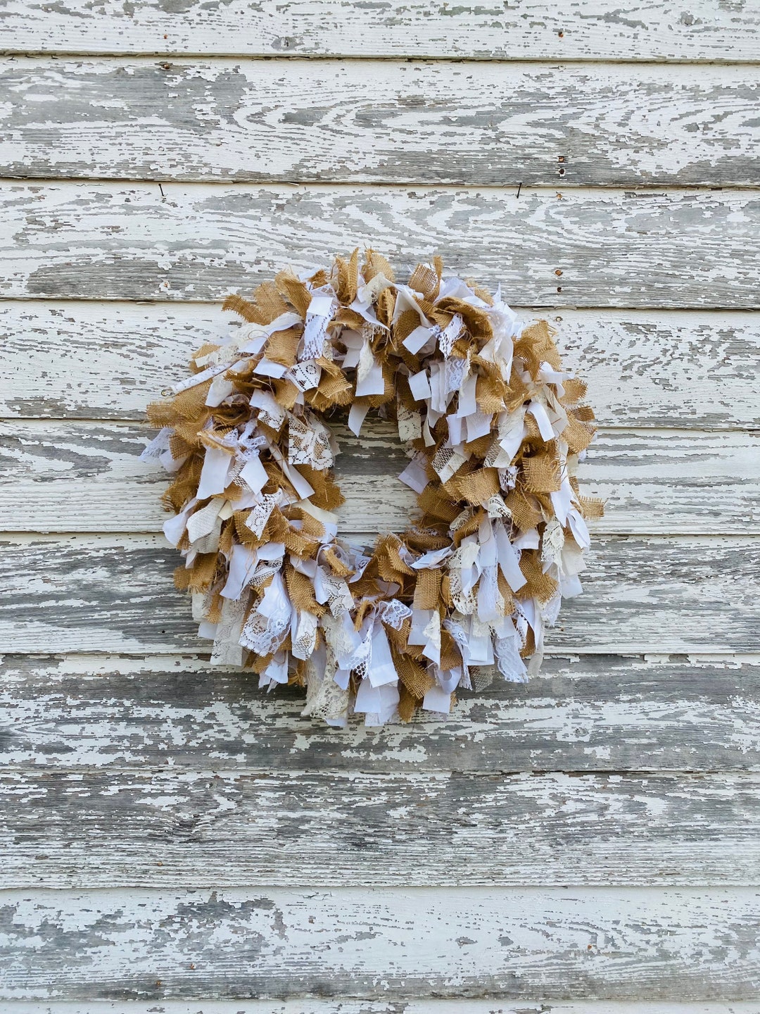 Rag Wreath, Burlap and Lace Rag Wreath, Large Rag Wreath, Neutral ...