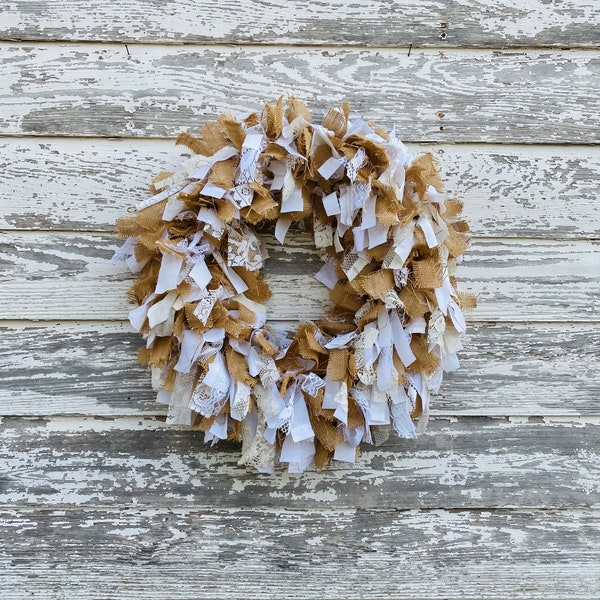 Rag wreath, burlap and lace rag wreath, large rag wreath, neutral wreath, spring wreath, everyday wreath, farmhouse home decor