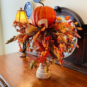 Fall candlestick centerpiece, fall pumpkin centerpiece, fall tabletop centerpiece, fall pumpkin candlestick centerpiece, fall arrangement