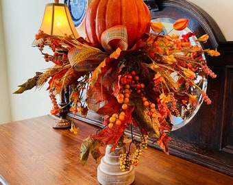 Fall candlestick centerpiece, fall pumpkin centerpiece, fall tabletop centerpiece, fall pumpkin candlestick centerpiece, fall arrangement