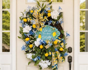 Lemon welcome wreath, lemon kitchen wreath, lemon grapevine wreath, farmhouse lemon wreath, lemon front porch decor