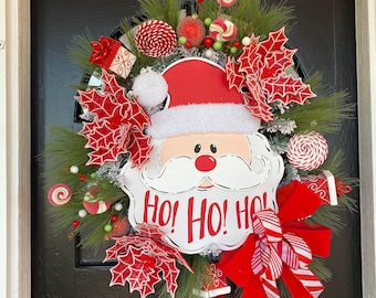 Santa Christmas wreath, red and white Christmas wreath, Santa front door wreath, Santa Claus wreath, Santa home decor, Ho Ho Ho wreath