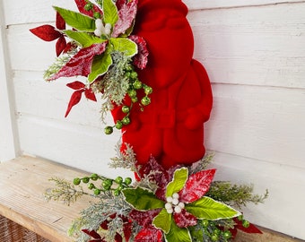 Christmas Santa Claus centerpiece, flocked Santa centerpiece, red and green Santa decor, holiday home decor, Christmas centerpiece