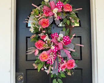 Spring wreath, spring floral front door wreath, spring home decor, spring swag, farmhouse wreath, mothers day wreath, Easter wreath