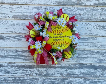 Softball wreath, Softball decor, spring softball wreath, softball front door wreath, red and yellow softball wreath, softball daisy wreath