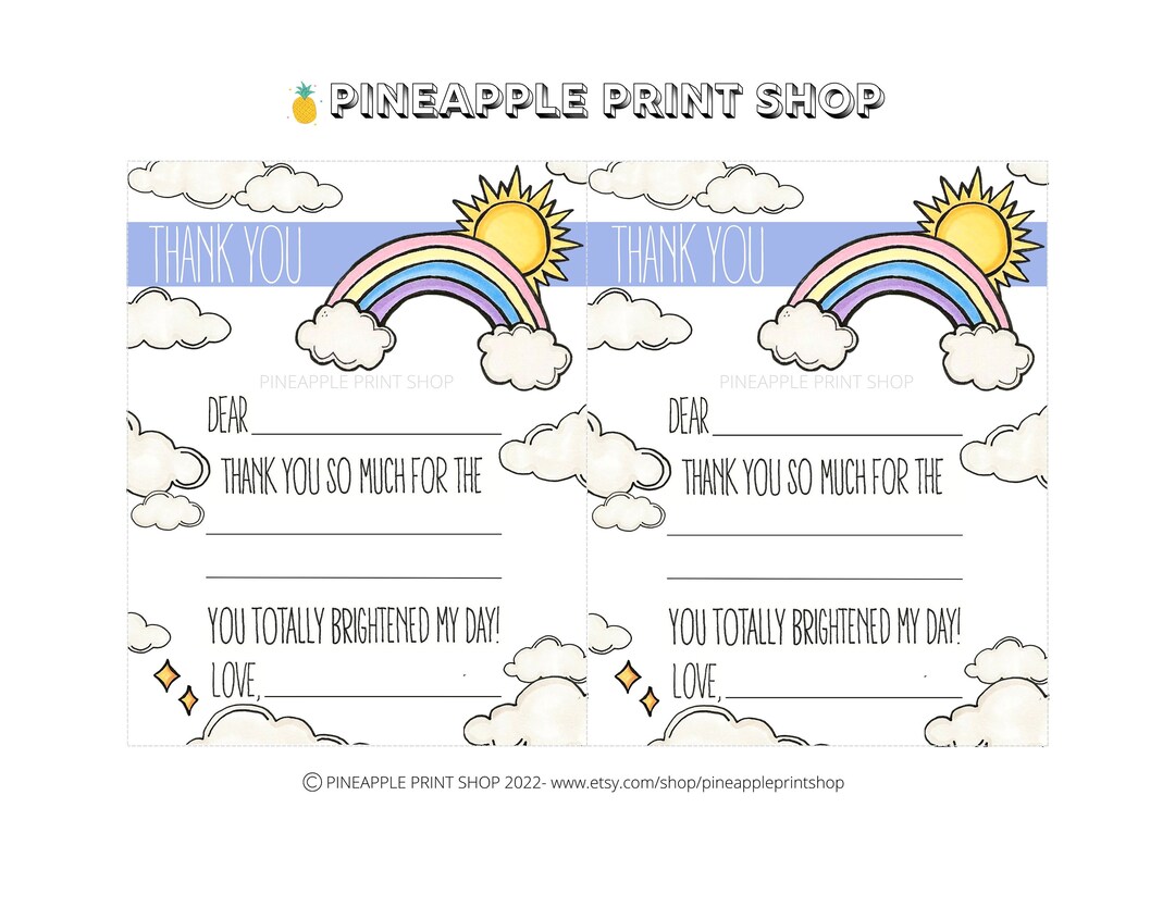 Printable Kid Thank You Cards, Rainbow, Sunshine, Clouds, Punny Fill in