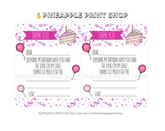 Printable Kid's Thank you Cards, Pink, Cake, Balloons, Party, Punny Fill in the blank Card for Children, Teaching Gratitude to Toddlers