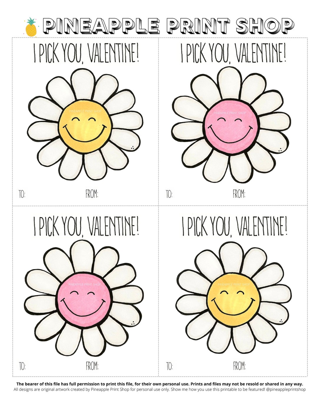 I Pick You Valentine Cards Printable Valentine s Day Cards Smiley Face Daisy Flowers Kids