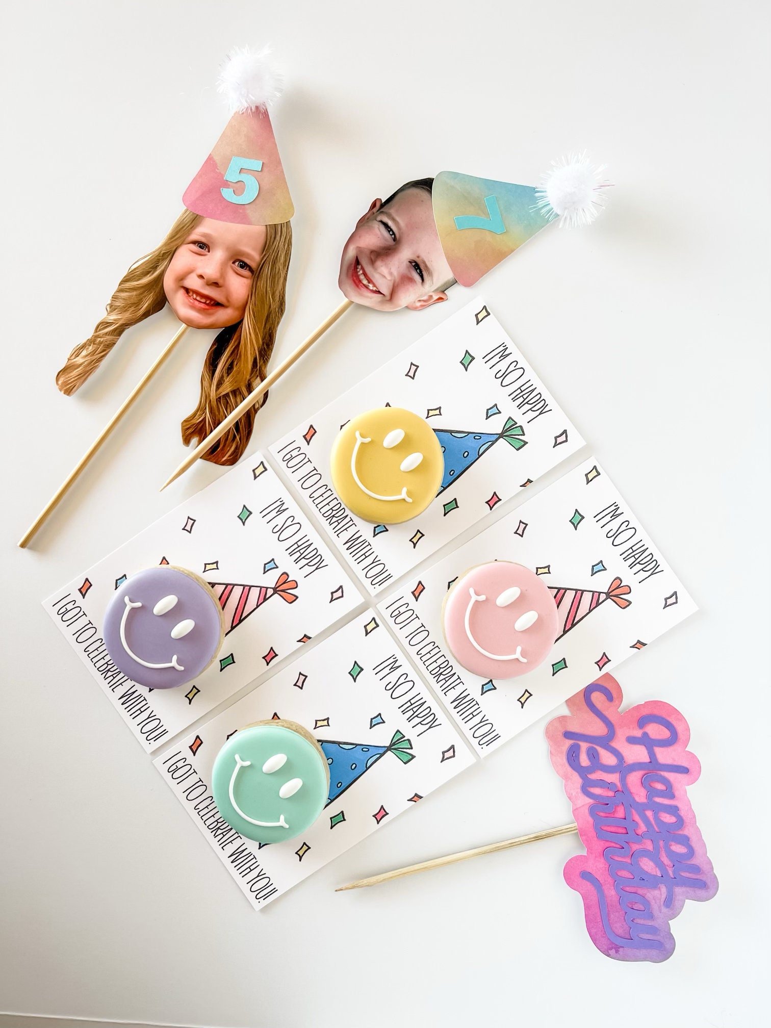 Party Hat Cookie Card Printable, 3.5x5, Smiley Face Birthday Cookies ...