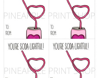Soda-Lightful Día de San Valentín imprimible, regalo de Vday de lata de refresco rosa, paja de corazón, tarjeta accesoria, punny, inteligente, lindo