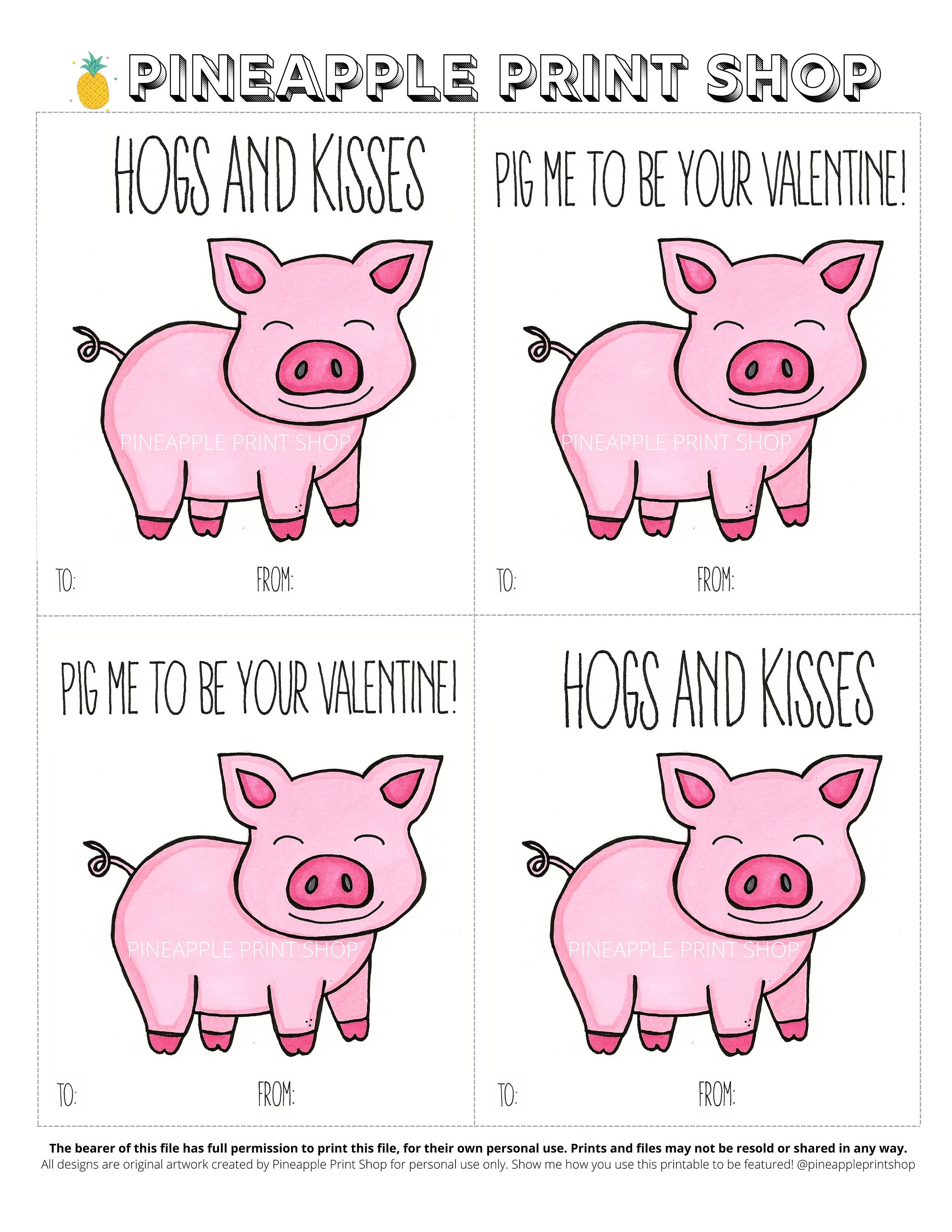 Punny Pig Valentine's Day Printable Cards, Kids Vday Gifts, Piggy