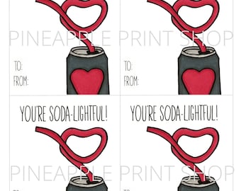 Soda-Lightful San Valentín imprimible, Pajita con regalo de Soda Vday, Pajita de corazón, Tarjeta accesoria, Punny, Inteligente, Lindo