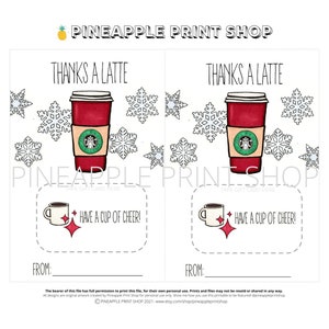 Thanks a Latte Gift Card Printable, Digital Download, Christmas Gift, Teacher Gift, Coffee Lover, Holiday Card, Punny, Clever, Cute