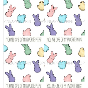 Könnte beinhalten: Druckbare Geschenkanhänger mit einem pastellfarbenen Muster aus Comic-Marshmallow-Figuren mit dem Text "Du bist einer meiner Lieblings-Peeps".