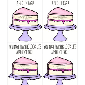 Può includere: Quattro carte con una torta rosa e bianca su un piedistallo viola. Ogni carta dice "Fai sembrare l'insegnamento una passeggiata!" con una nota che dice "2" Cookie Fits Here Slice of Cake is not present in the PDF file"
