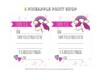 May include: Two pink and white thank you cards with a unicorn and rainbow design. The text on the card says "Thank You" and "Dear" with space to fill in the name. The text also says "Thank you so much for the" with space to fill in the gift. The text also says "It is absolutely magical!" with space to fill in the name. The text also says "Love," with space to fill in the name. The cards are on a white background with pink stars.