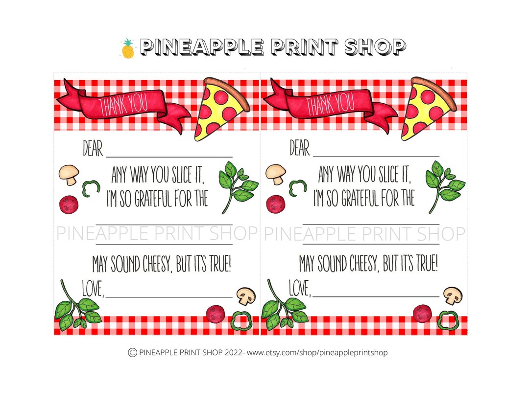 Printable Kid's Thank You Cards, Pizza Theme, Cheesy, Pizza Party ...