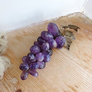 Vintage French amethyst bunch of grapes, decorative semi-precious stone ornamental grapes, brass coloured metal vine leaves, mid century