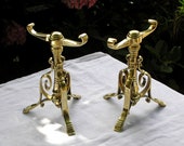 Antique brass fire dogs, pair solid brass andirons. Arts crafts fire dogs, fireside decor, open fire three legged log supports, Edwardian
