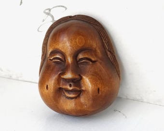 Vintage Japanese signed boxwood ojimi bead of Daruma & Okame Tengu faces, masks , doubled sided, Buddhist / Shinto, small hole for threading