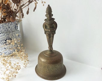 Antique Indian brass temple bell, Hindu Hanuman temple bell featuring two faced deity, Hinduism, engraved brass bell, nice sound to ring