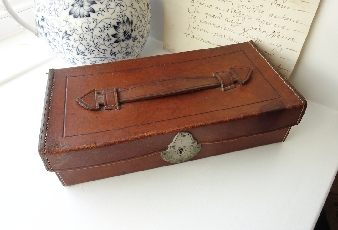 Antique Leather Vanity Box, Glove Box With Handle, Early 20th Century