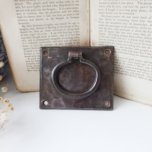 Antique bronze ring handle by Crofts and Assinder, hammered decoration, Victorian handle for a chest, drawer pull, patina, dog, horse tether