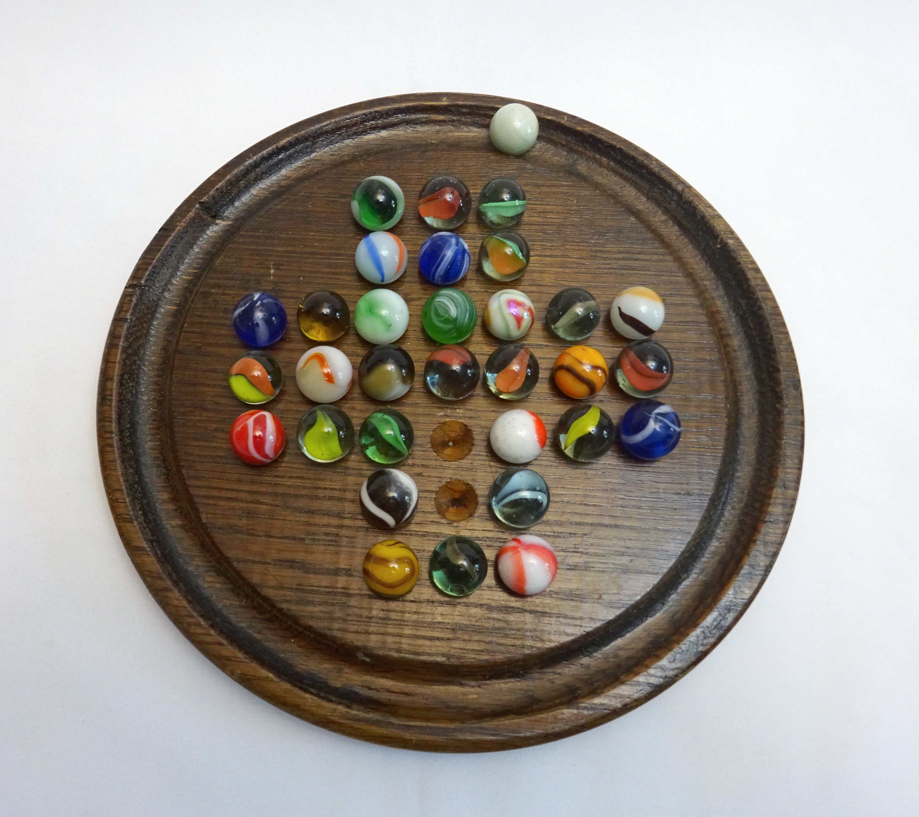 Antique Wooden Solitaire Board With Marbles, Edwardian Solid