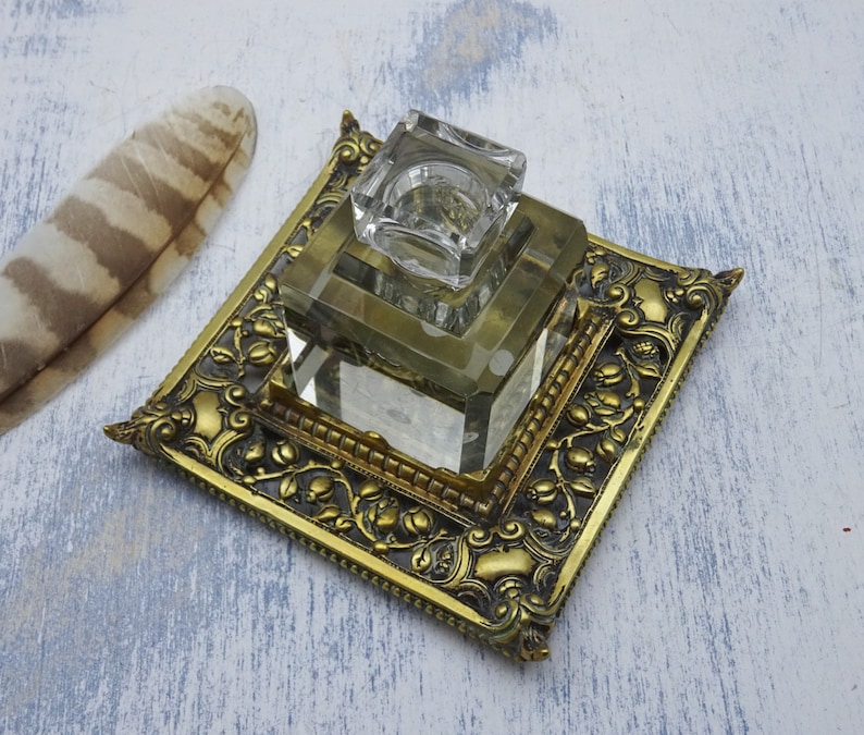 style of William Tonks Victorian brass inkstand with faceted glass inkwell with stopper writing desk decor calligraphy Antique ink pot