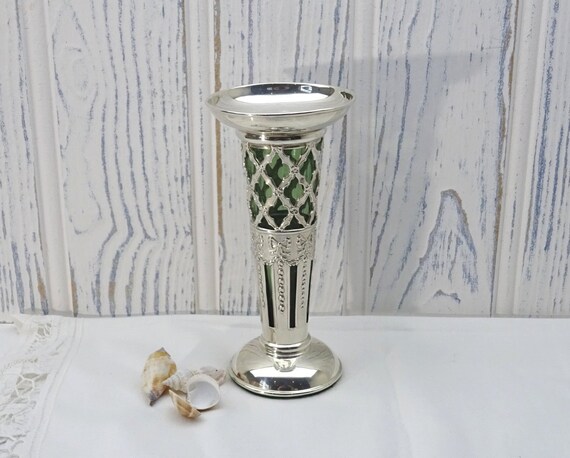 Edwardian Solid Silver Bud Vase With Green Glass Insert By Etsy
